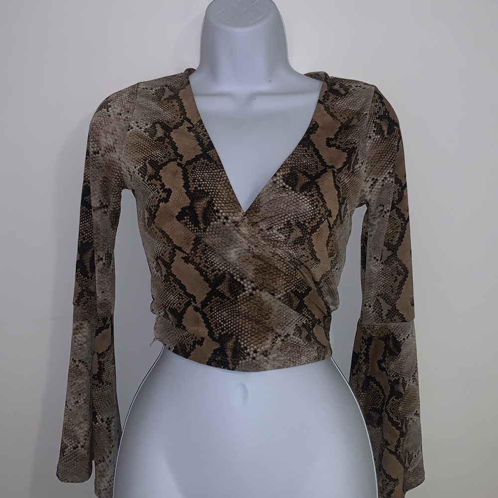 Brown Snake Print Bell Sleeve Top